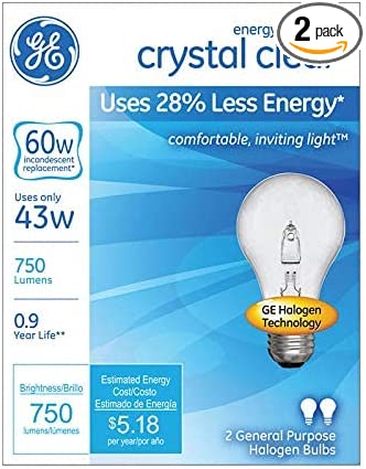 GE 78796 Crystal Clear 43W Halogen E26 Base A19 Light Bulbs - Pack of 2