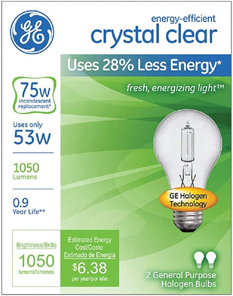 GE 78797 Crystal Clear 53W Halogen E26 Base A19 Light Bulbs - Pack of 2