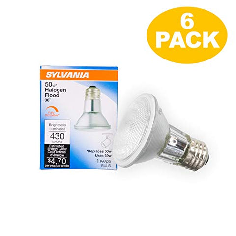 SYLVANIA 16104 6-PACK Capsylite Halogen Dimmable Lamp / PAR20 Flood Light Reflector / 50W replacement / Medium base E26 / 39 Watt / 2850 K - warm white